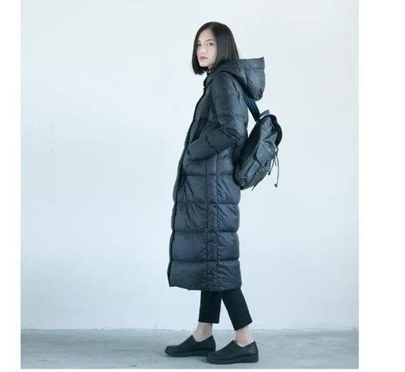 Asymmetry Hooded Long Winter Duck Down Jacket Large Collar Down Jacket Women