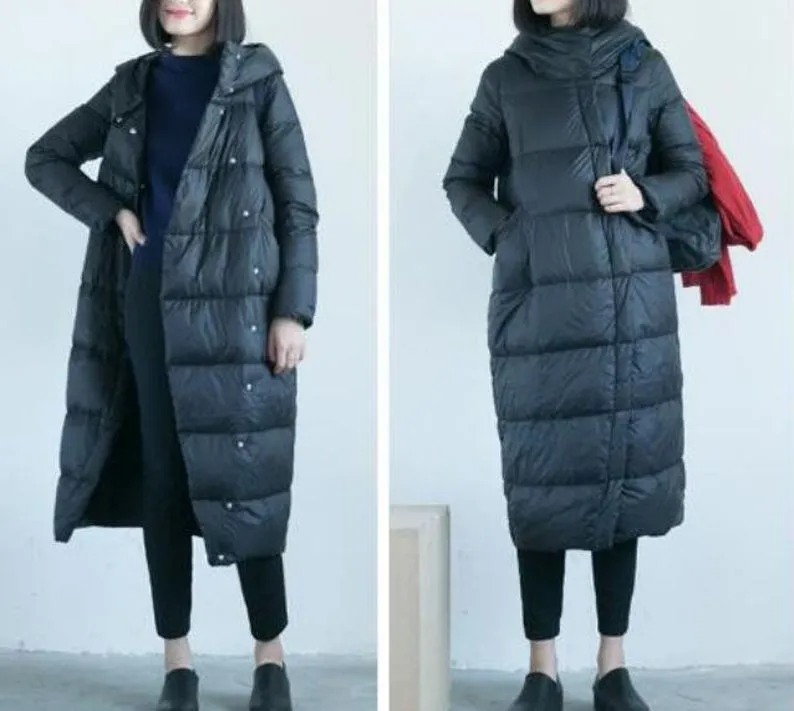 Asymmetry Hooded Long Winter Duck Down Jacket Large Collar Down Jacket Women