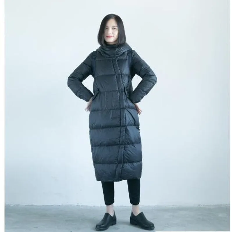 Asymmetry Hooded Long Winter Duck Down Jacket Large Collar Down Jacket Women