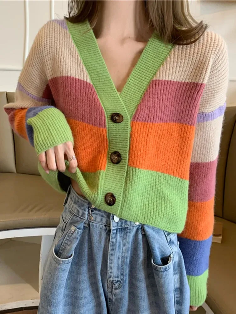 Autumn Winter Women V-neck Cardigan Tops Casual Rainbow Color Sweater Fashion Knitted Loose Jacket Y2k Streetwear 2024