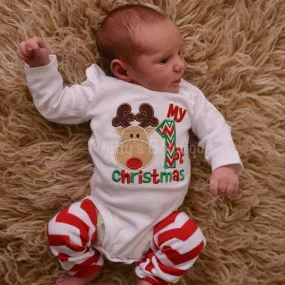 Babies 1st Christmas bosysuit or shirt and legwarmers -- My 1st Christmas Baby bodysuit or shirt Babies 1st Christmas Shirt Reindeer