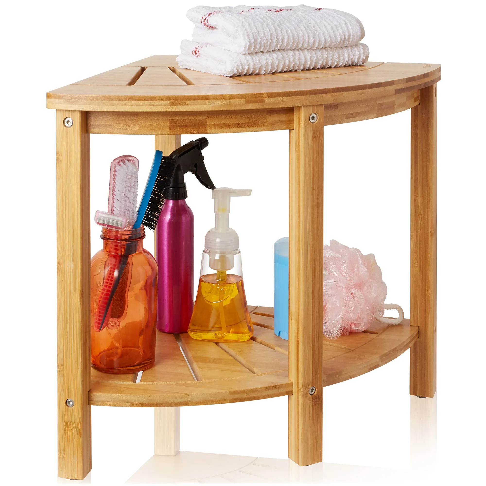 Bamboo Corner Bathroom Stool with Storage Shelf, 2-Tier Spa Bench