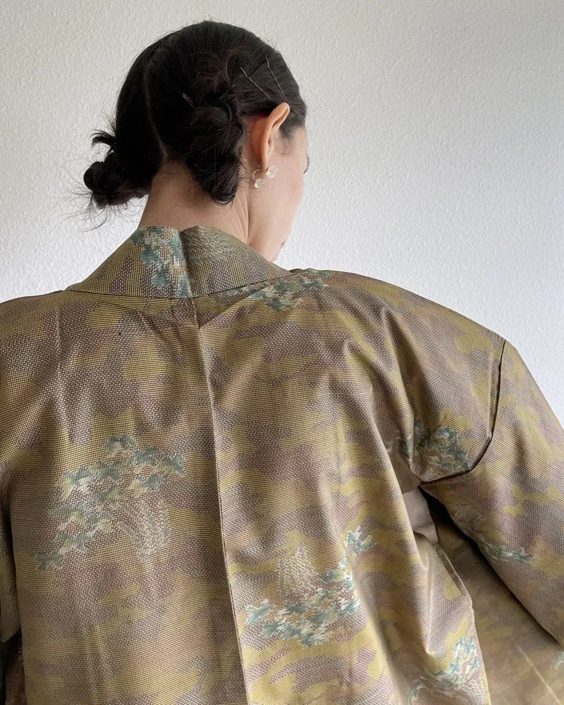 Bamboo Yellow Brown Oshima Tsumugi Haori Kimono Jacket