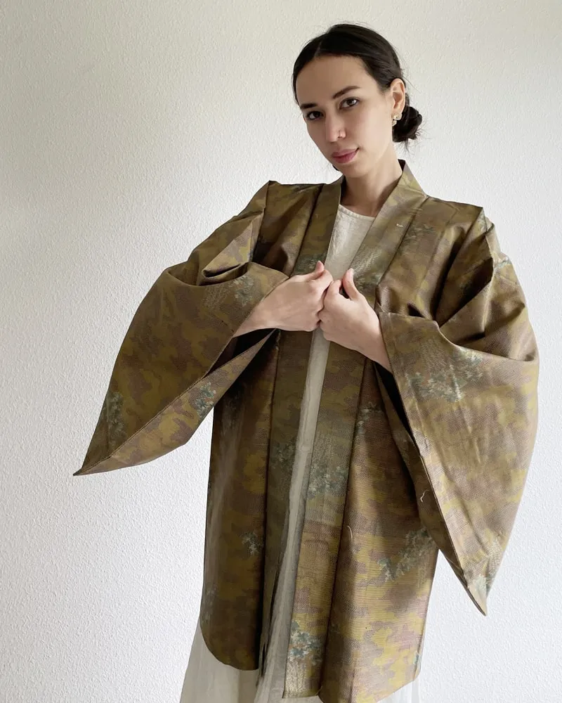 Bamboo Yellow Brown Oshima Tsumugi Haori Kimono Jacket