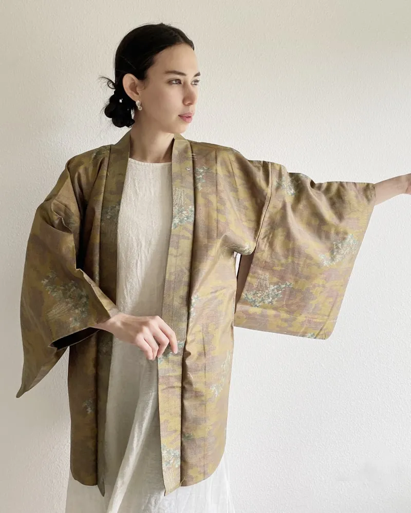 Bamboo Yellow Brown Oshima Tsumugi Haori Kimono Jacket