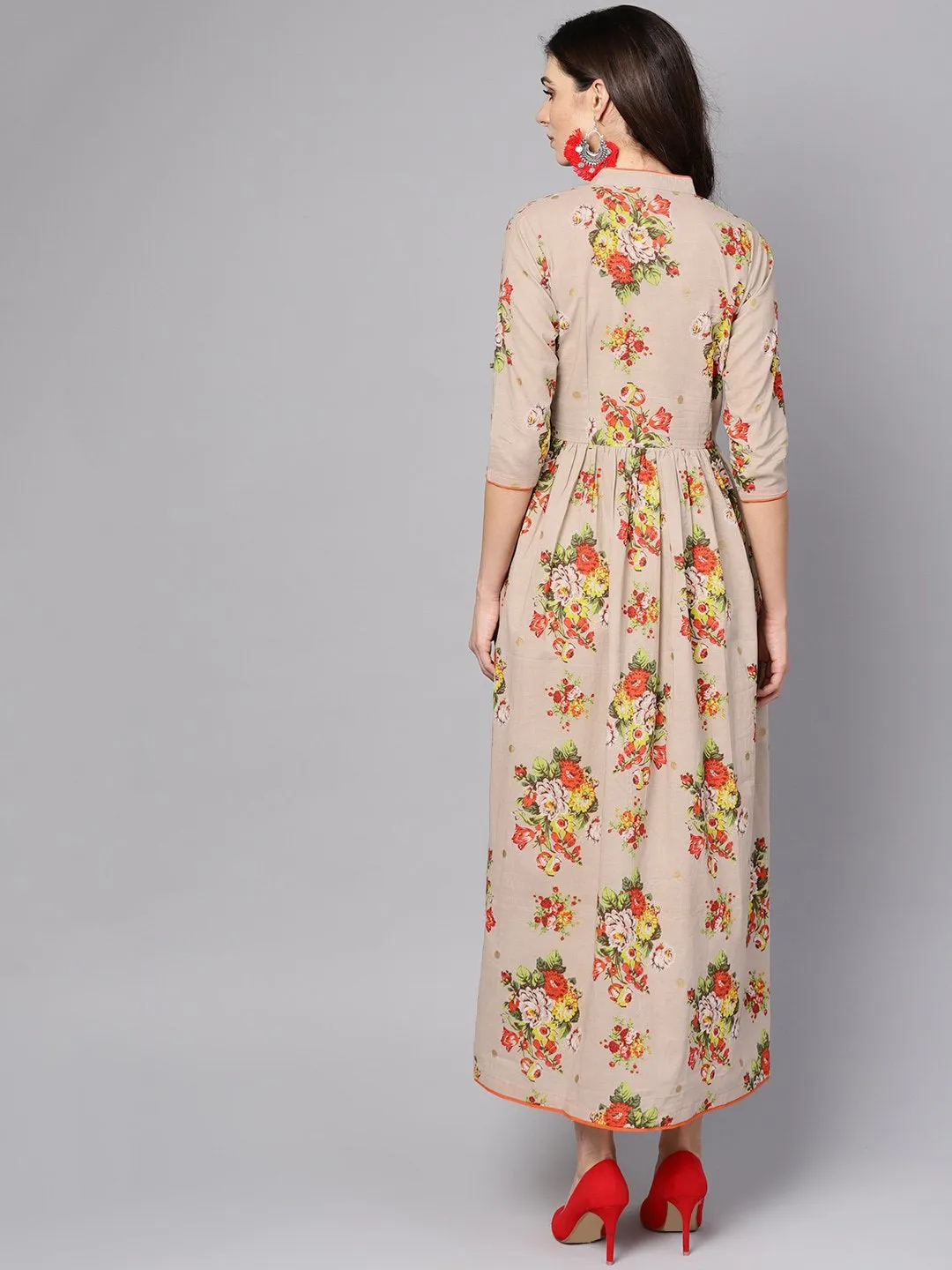 Beige Multi Colored Angrakha Style Maxi Dress Emblished With Tassels