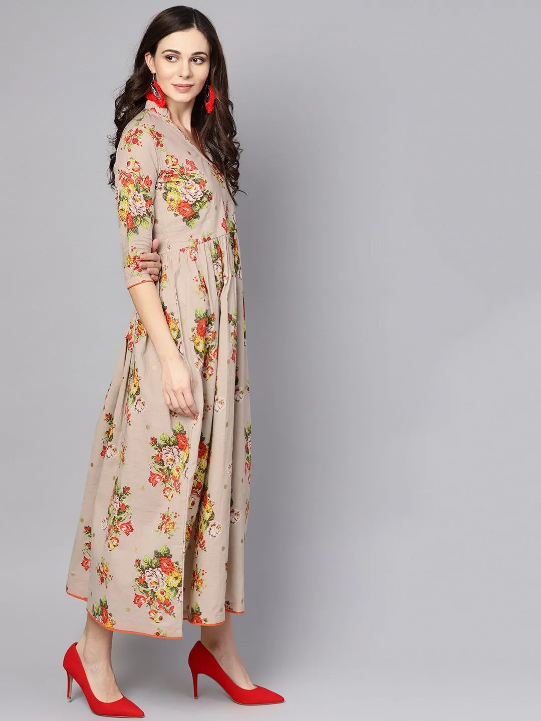 Beige Multi Colored Angrakha Style Maxi Dress Emblished With Tassels