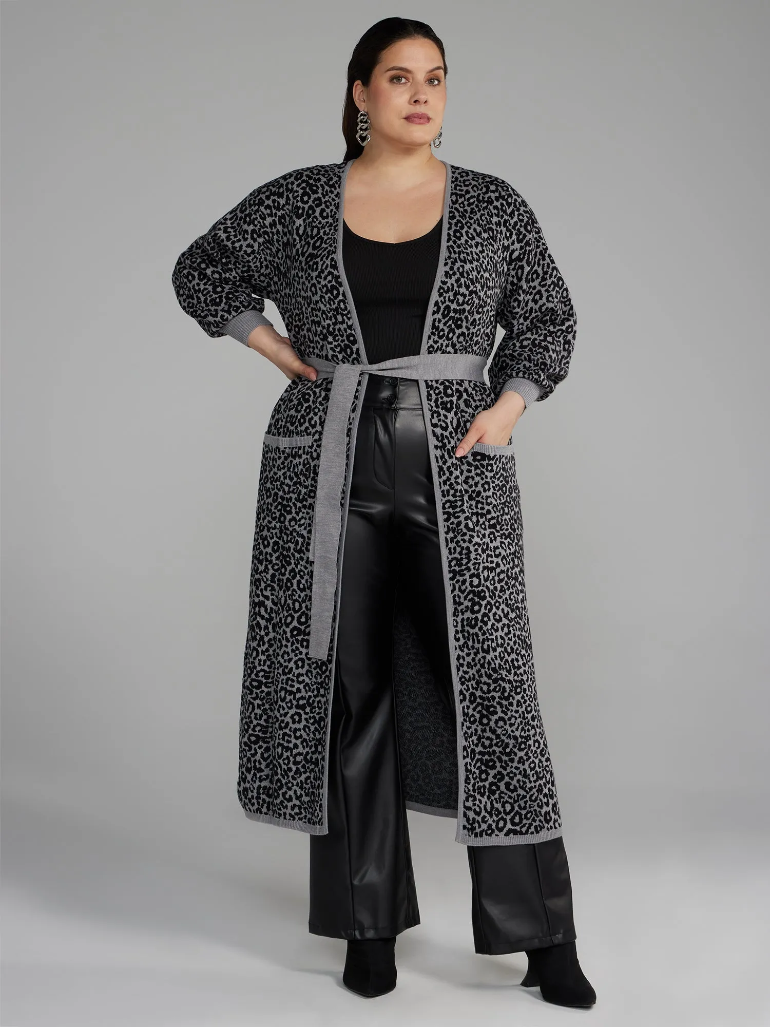 Belted Leopard Print Long Cardigan