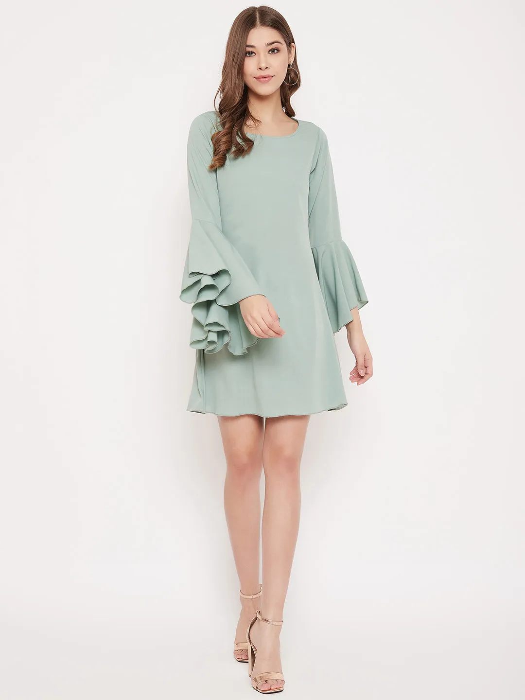 Berrylush Women Solid Green Flutter Sleeves A-Line Mini Dress