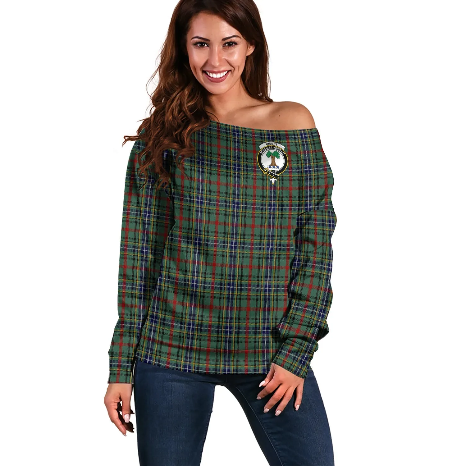 Bisset Tartan Off Shoulder Women Sweater with Family Crest