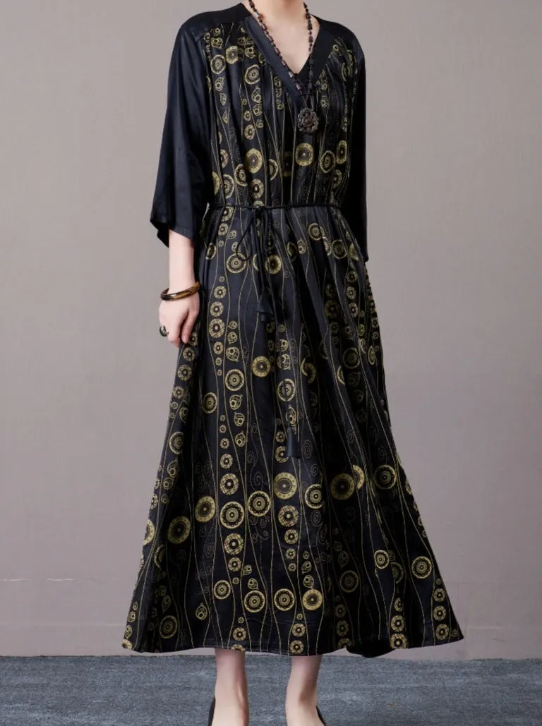 Black and Gold Geometric Print Maxi Dress