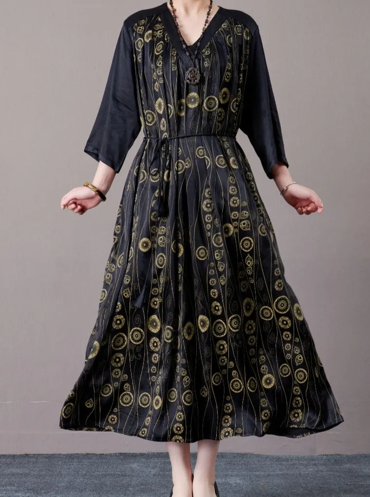 Black and Gold Geometric Print Maxi Dress