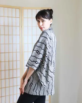 Black Bertical Stripes Shibori Haori Kimono Jacket