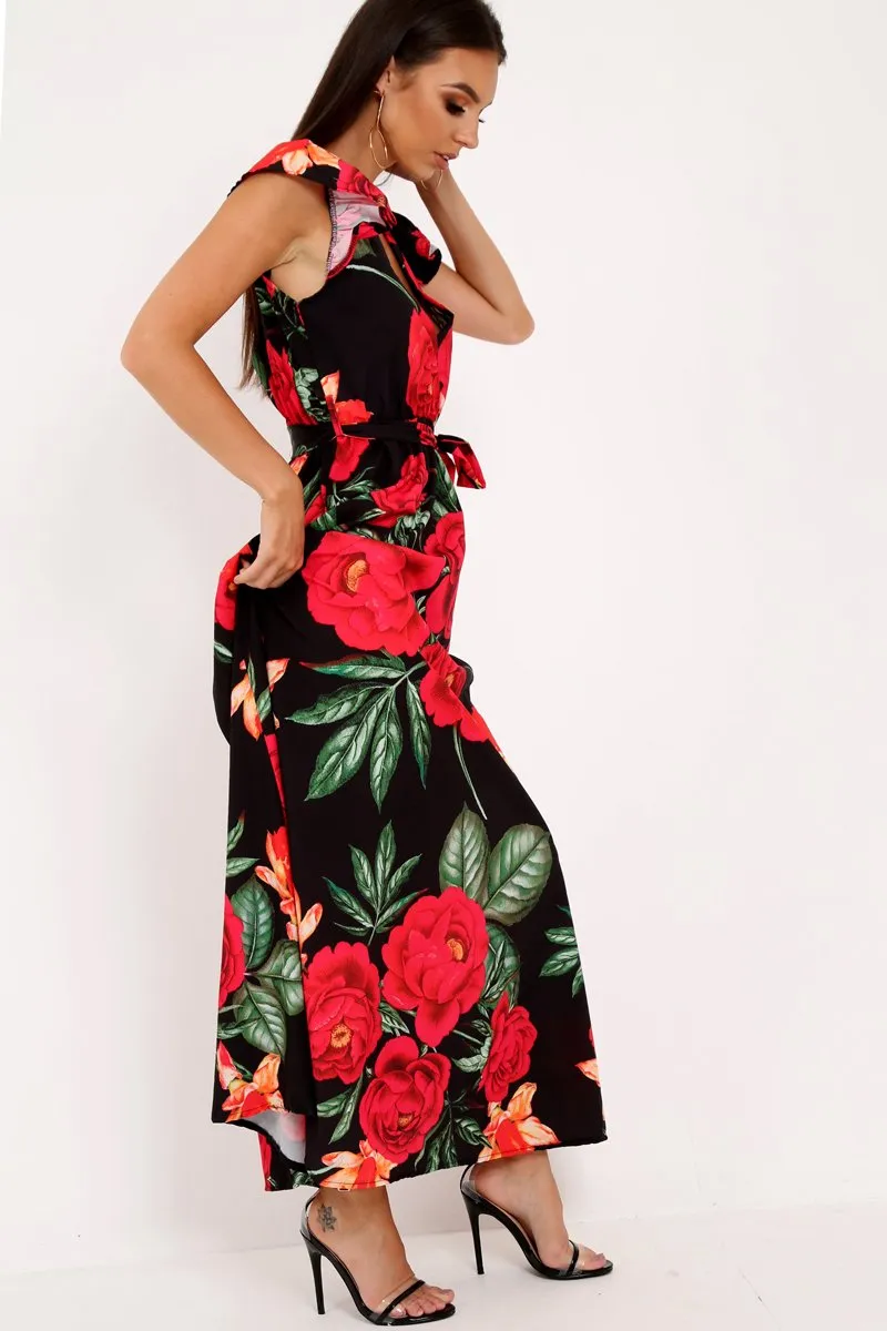 Black Floral Frill Sleeve Maxi Dress - Persia