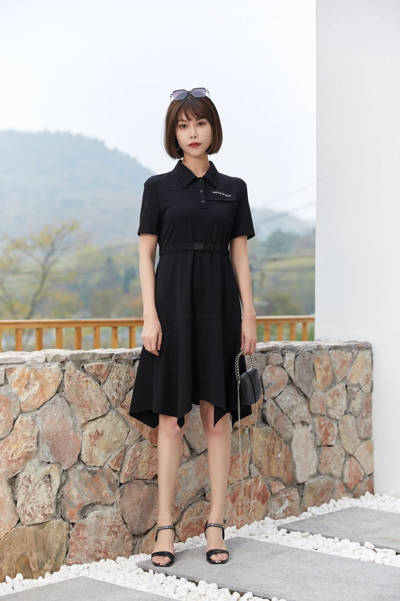 Black Polo Collar Waist Dress