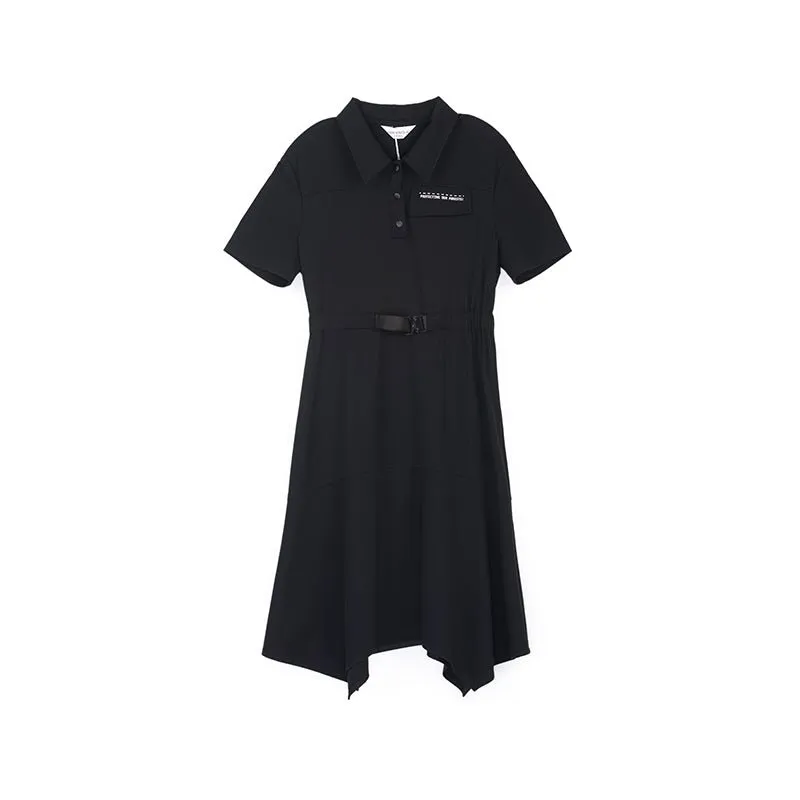 Black Polo Collar Waist Dress