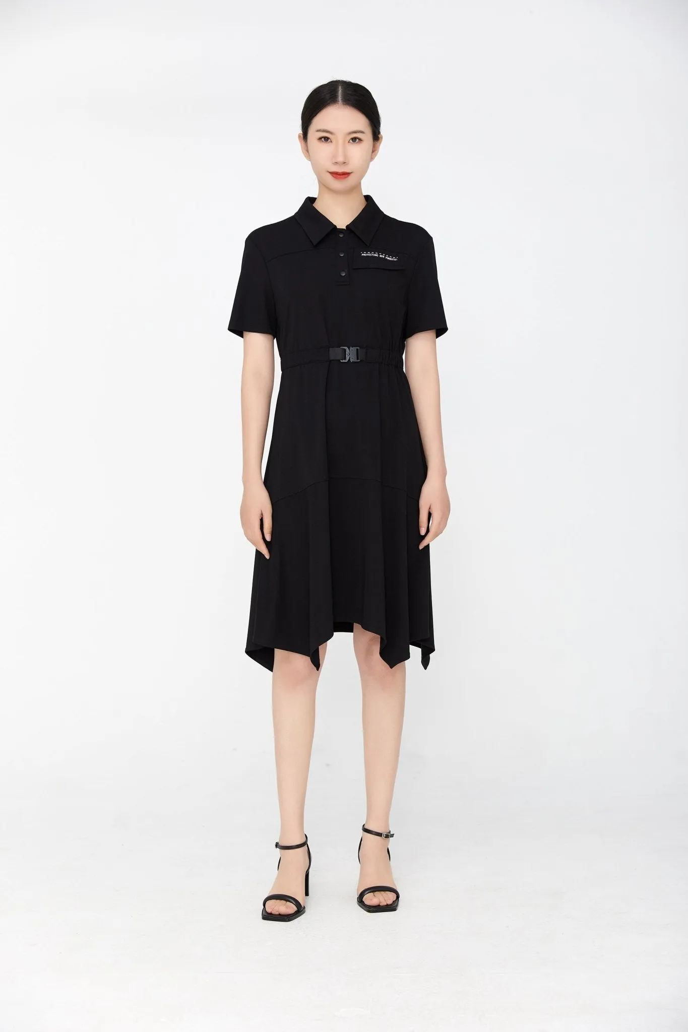 Black Polo Collar Waist Dress