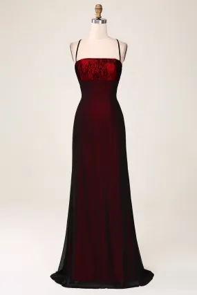 Black Red Spaghetti Straps Sheath Maxi Dress with Lace-up Back