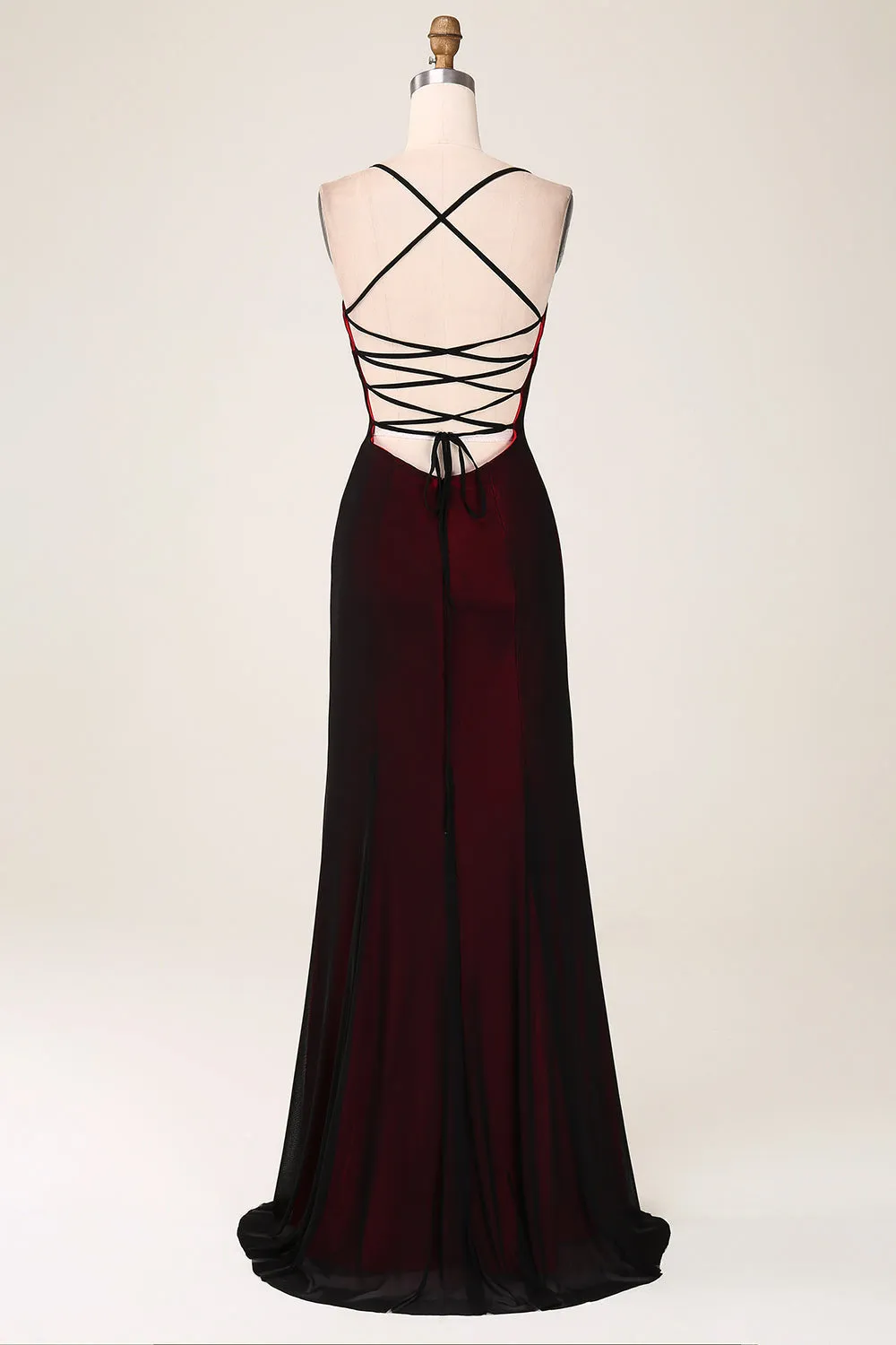 Black Red Spaghetti Straps Sheath Maxi Dress with Lace-up Back