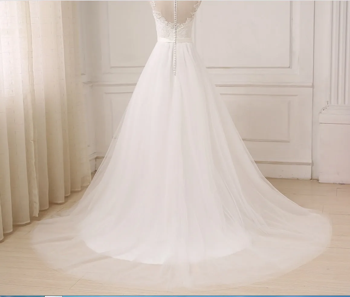 Boho Jewel Neck Tulle A-Line Lace Top Wedding Dress Flowy Summer Beach Wedding Dress #21011212