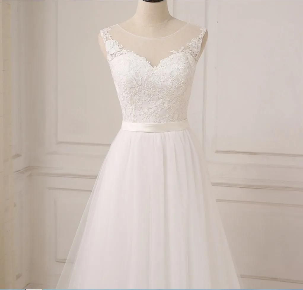 Boho Jewel Neck Tulle A-Line Lace Top Wedding Dress Flowy Summer Beach Wedding Dress #21011212