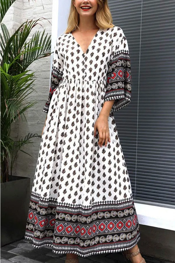 Boho V-neck Buttoned Print Maxi Dress