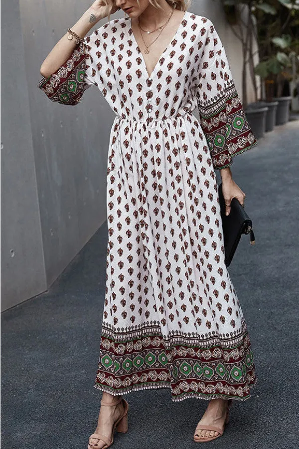 Boho V-neck Buttoned Print Maxi Dress