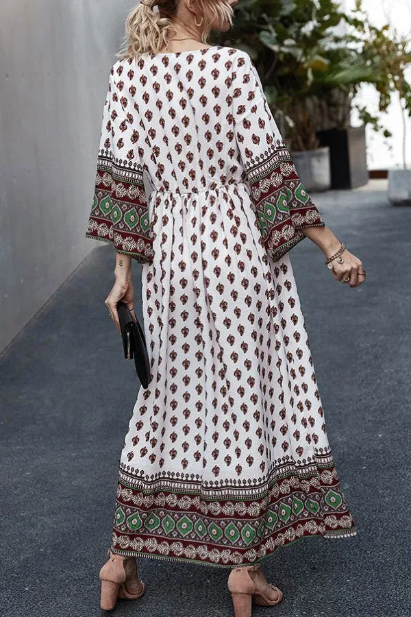 Boho V-neck Buttoned Print Maxi Dress