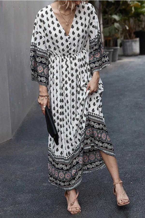 Boho V-neck Buttoned Print Maxi Dress