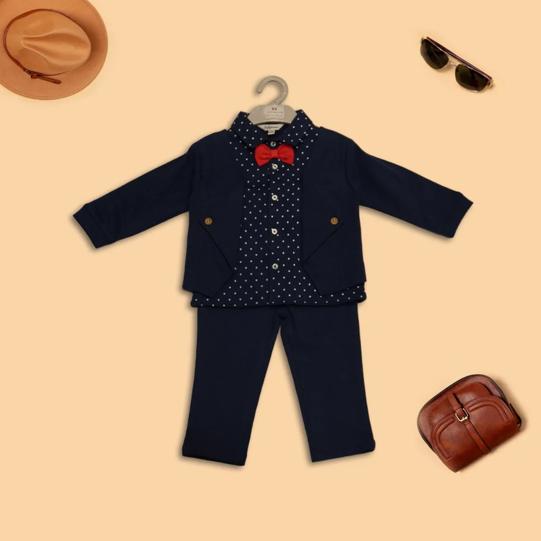 Boys Printed Cotton Long Sleeve Shirt,Trouser & Blazer (Navy Blue)