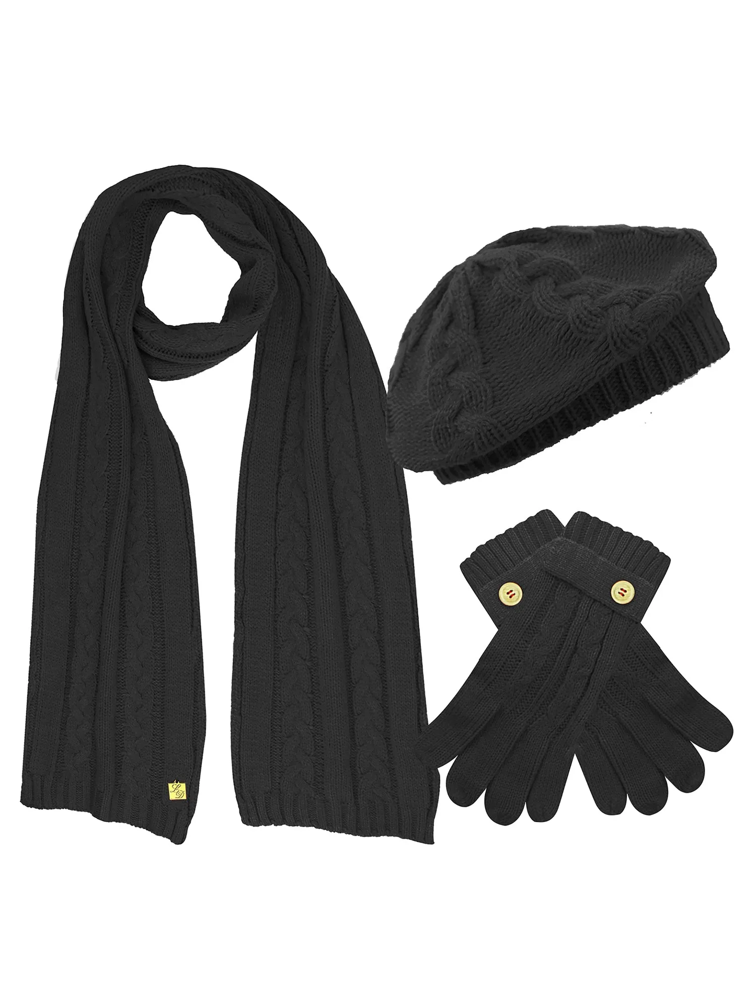 Cable Knit Beret Hat Scarf & Glove Matching 3 Piece Set Set