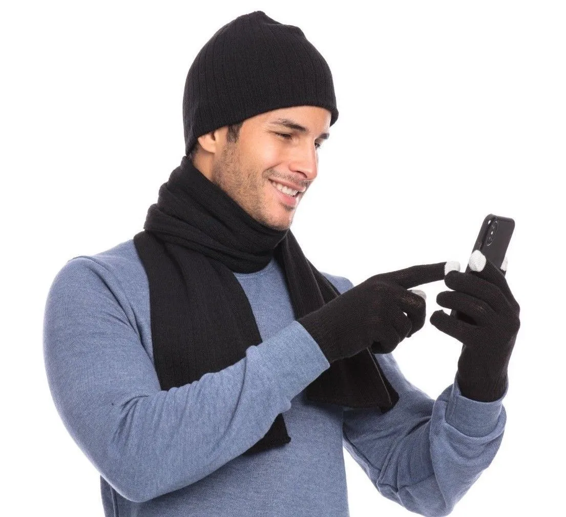 Casaba Winter 3 Piece Set Knit Beanie Hat Scarf Touchscreen Gloves for Men Women