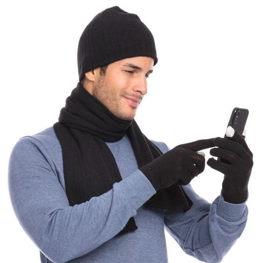 Casaba Winter 3 Piece Set Knit Beanie Hat Scarf Touchscreen Gloves for Men Women