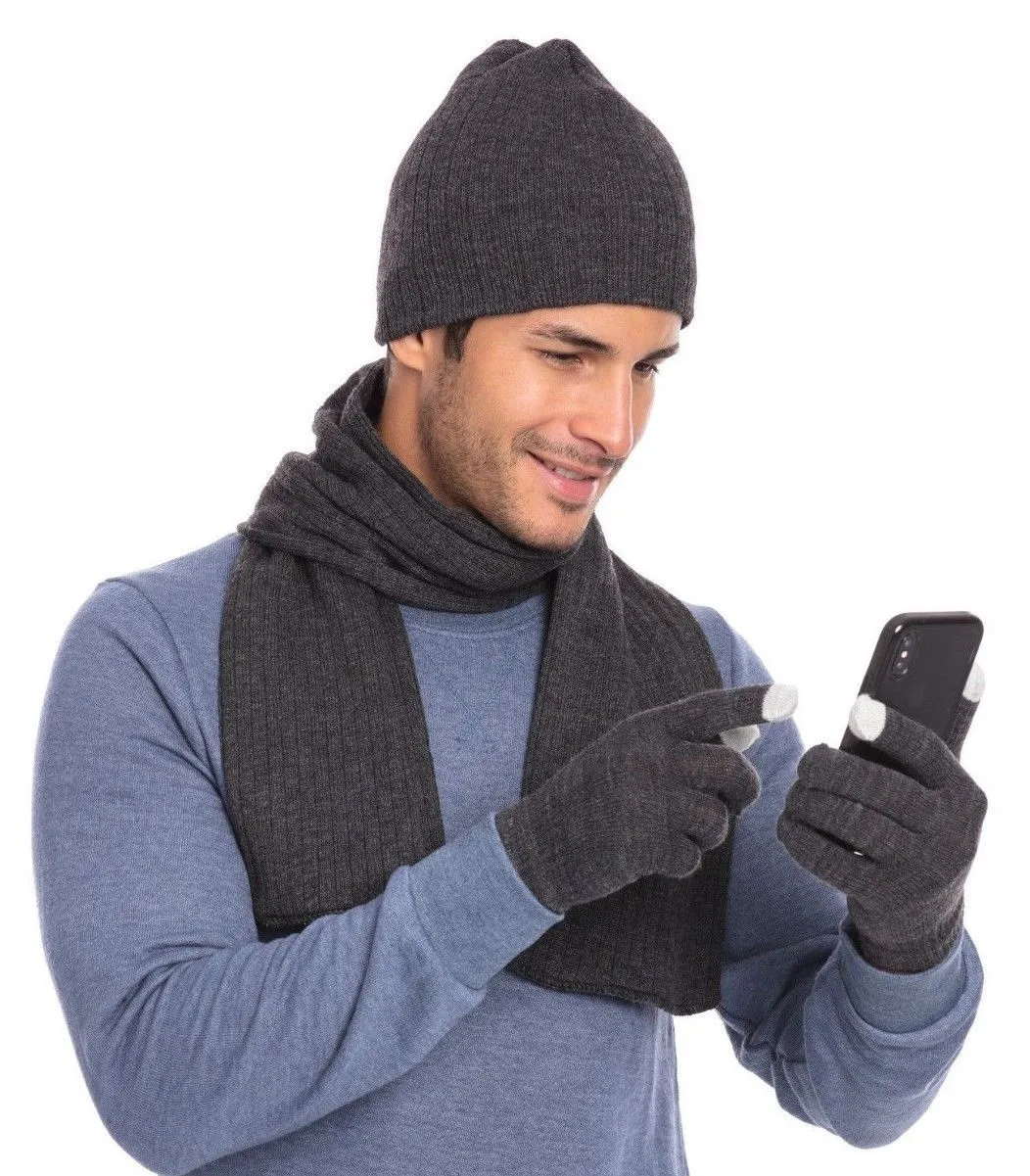 Casaba Winter 3 Piece Set Knit Beanie Hat Scarf Touchscreen Gloves for Men Women