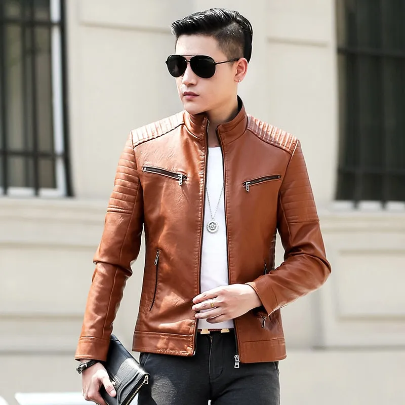 Casual Biker Zipper Solid Leather Jacket