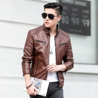 Casual Biker Zipper Solid Leather Jacket