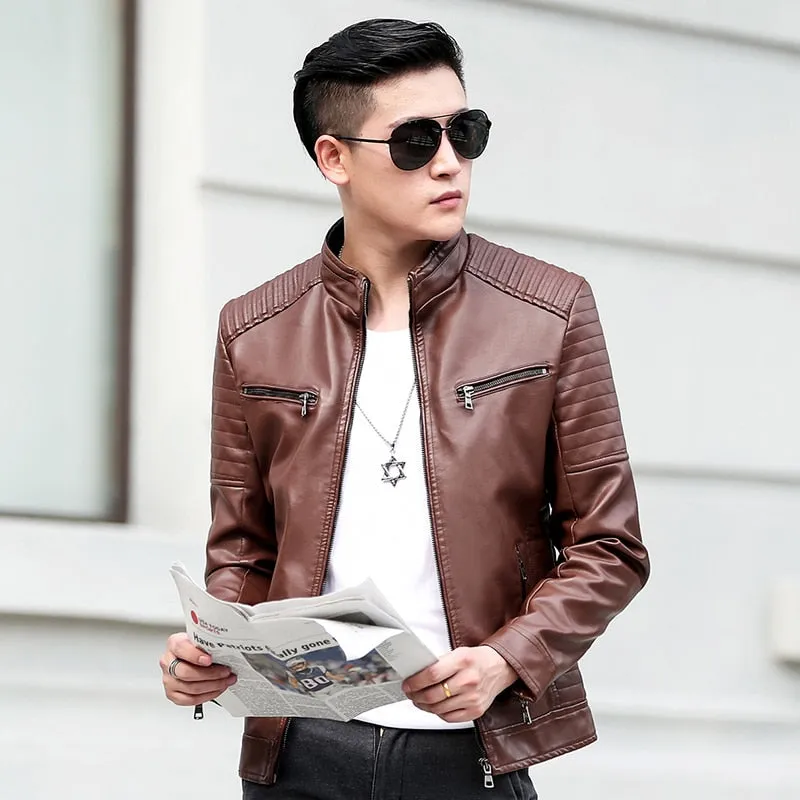 Casual Biker Zipper Solid Leather Jacket