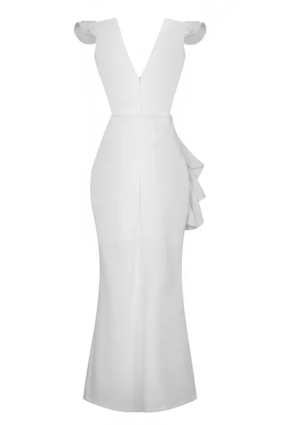 Chanel White V Plunge Peplum Frill Ruffle Slinky Mermaid Maxi Dress