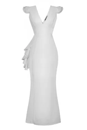 Chanel White V Plunge Peplum Frill Ruffle Slinky Mermaid Maxi Dress