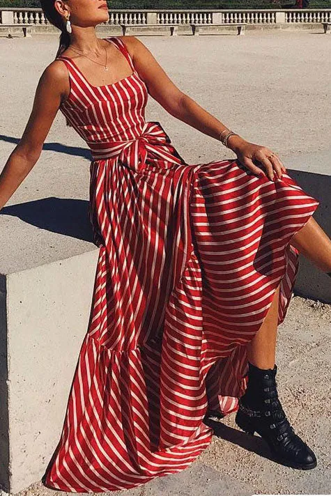 Chic Red Stripe Sleeveless Maxi Dress