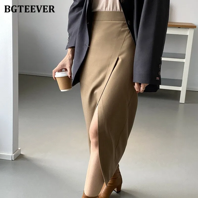 Christmas Gift Joskaa Elegant Irregular Split Midi Women Skirts 2024 Autumn Winter Stylish High Waist Solid Straight Women Skirt