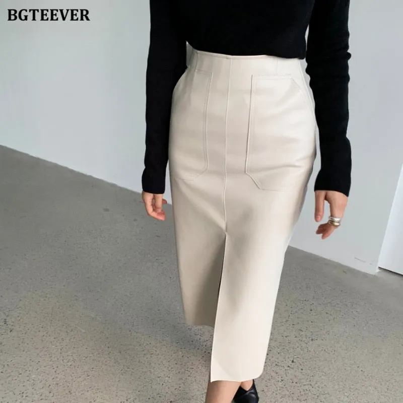 Christmas Gift Joskaa Office Ladies High Waist Pockets PU Leather Midi Skirt 2020 Autumn Winter Solid Split Female Skinny Faux Leather Skirts