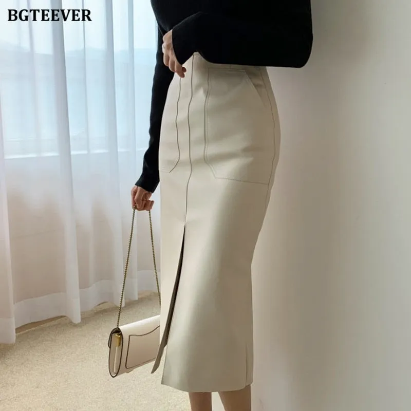 Christmas Gift Joskaa Office Ladies High Waist Pockets PU Leather Midi Skirt 2020 Autumn Winter Solid Split Female Skinny Faux Leather Skirts