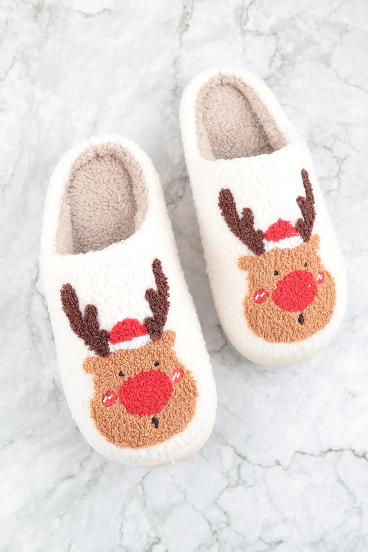 CHRISTMAS REINDEER PRINT FLEECE SLIPPER/6PCS (S2-M2-L2)