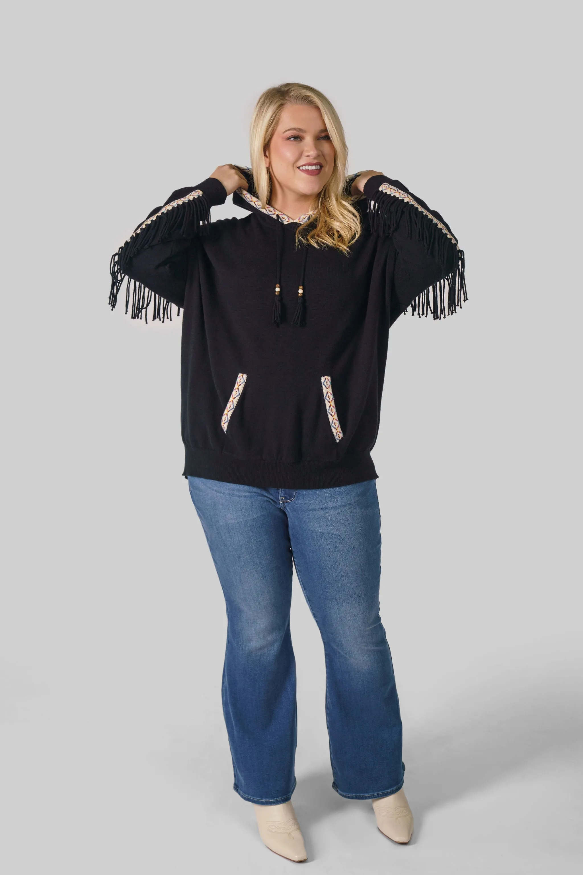 COTTON CASHMERE EMBROIDERED FRINGE HOODIE