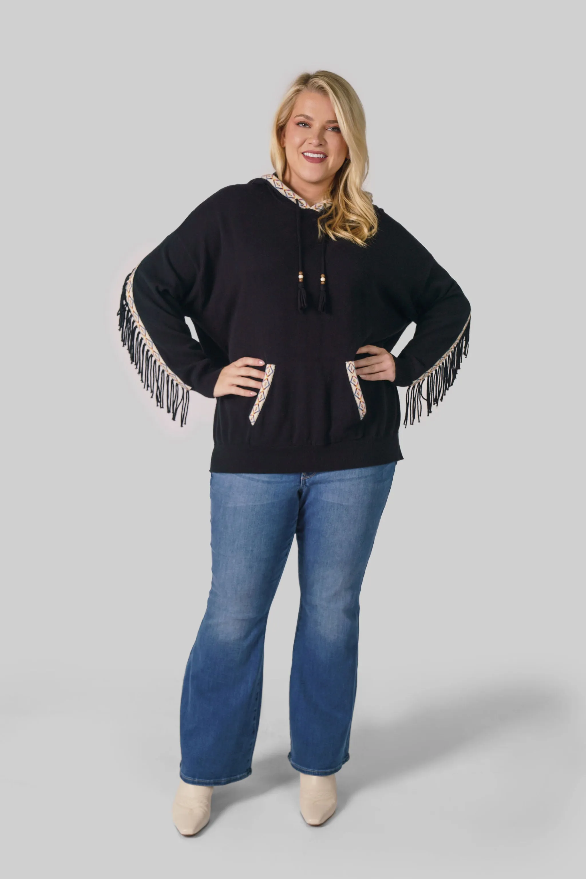 COTTON CASHMERE EMBROIDERED FRINGE HOODIE