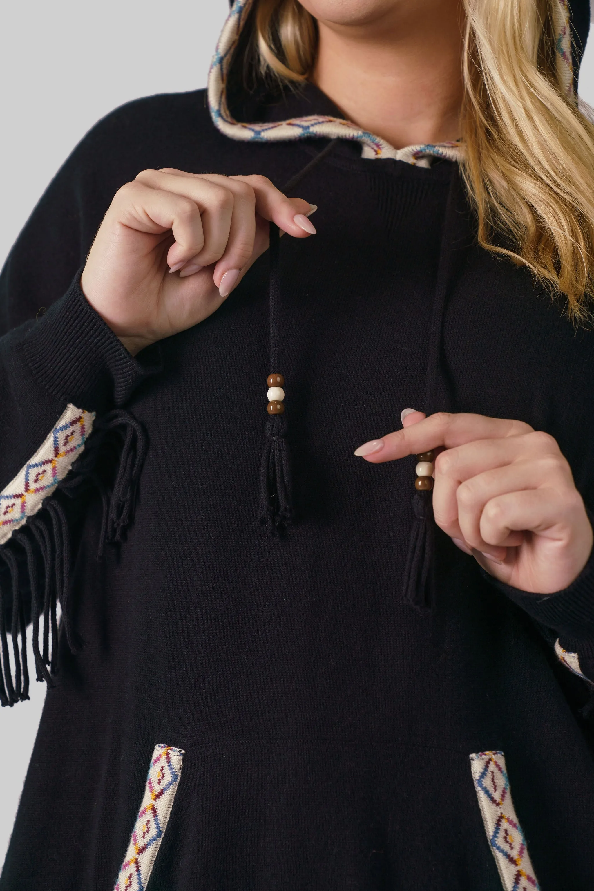 COTTON CASHMERE EMBROIDERED FRINGE HOODIE