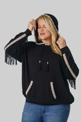 COTTON CASHMERE EMBROIDERED FRINGE HOODIE