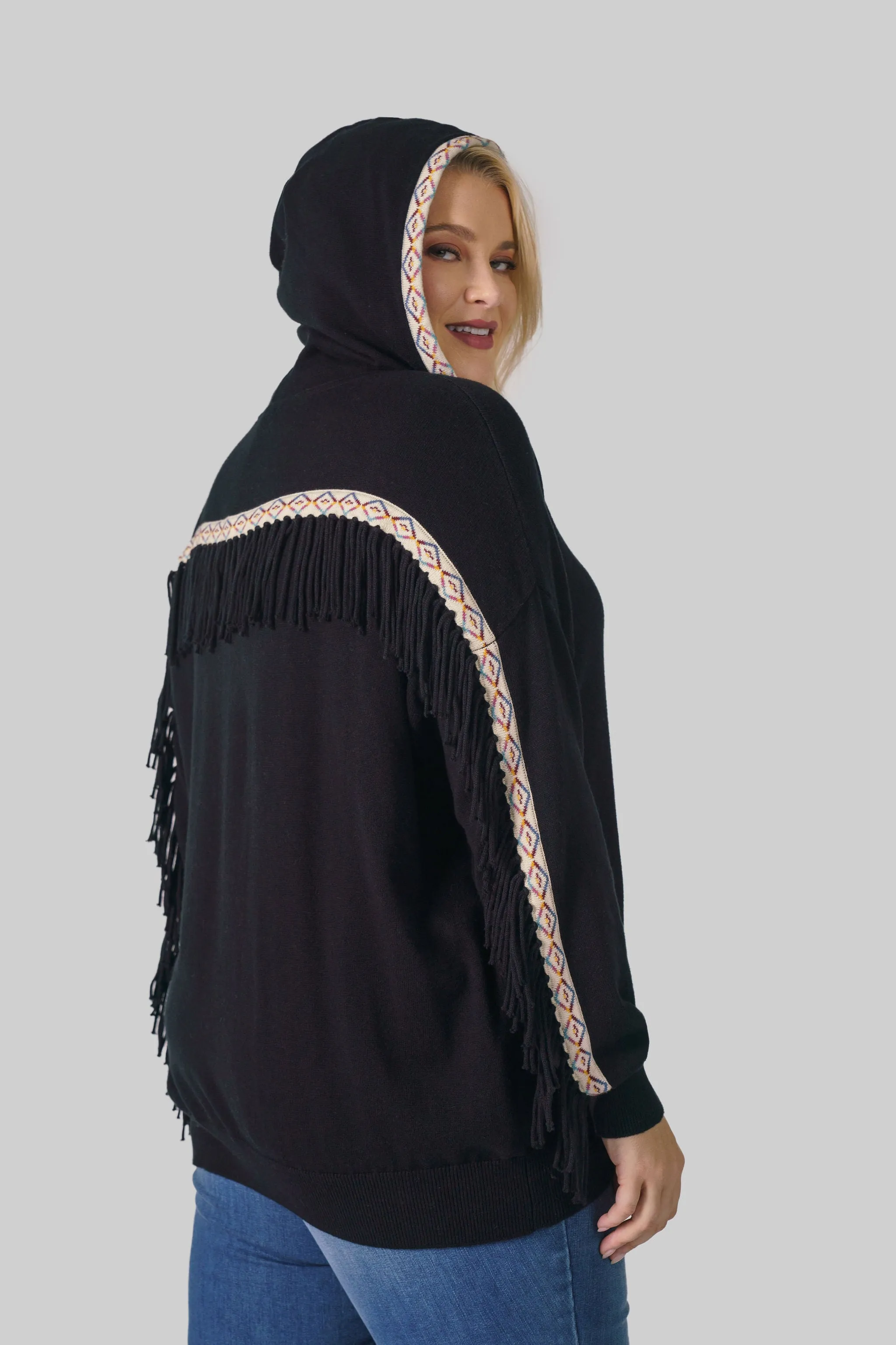 COTTON CASHMERE EMBROIDERED FRINGE HOODIE