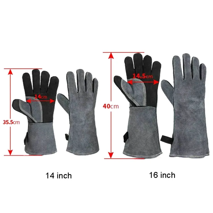 Cowhide BBQ Gloves Thickened Anti-hot Oven Welding Protection Gloves, Specification: A2415 16 inch Gray Black